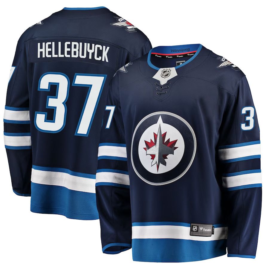 Men Winnipeg Jets 37 Connor Hellebuyck Fanatics Branded Navy Breakaway Replica NHL Jersey
